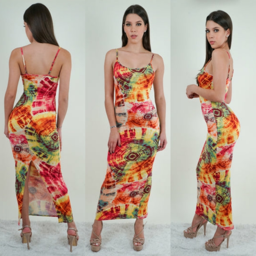 (S) Pinklicious Sunrise Tie Dye Spaghetti Bodycon Maxi Dress